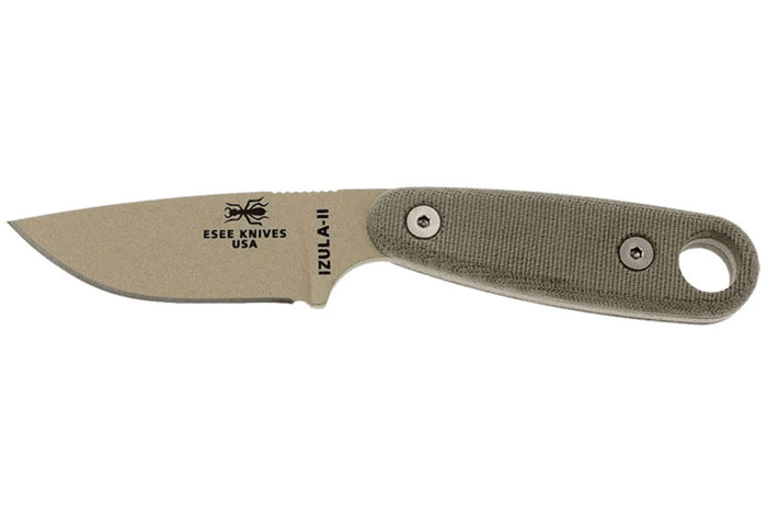 Couteau Esee Izula II DT lame acier carbone 6,2cm manche micarta désert + étui