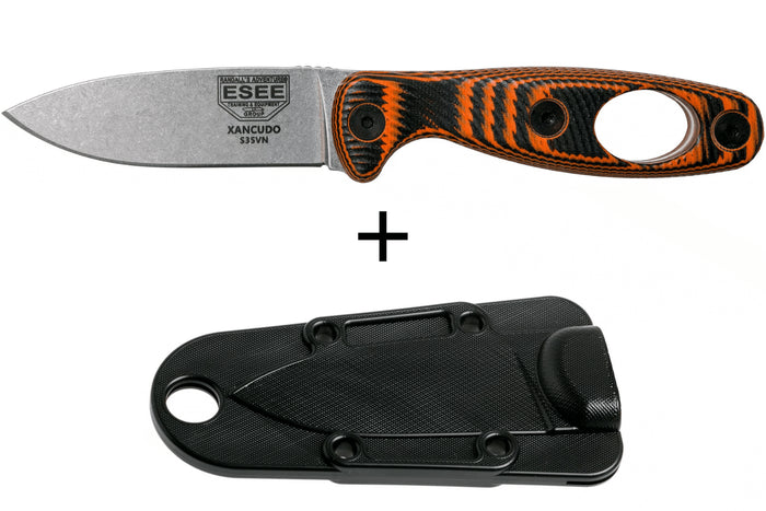 Couteau Esee Xancudo XAN1-006 lame acier inox 7,5cm manche troué G10 orange et noir + étui