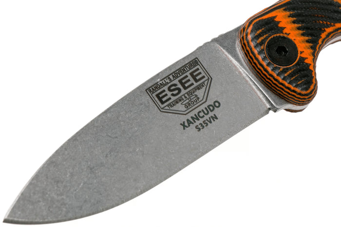 Couteau Esee Xancudo XAN1-006 lame acier inox 7,5cm manche troué G10 orange et noir + étui