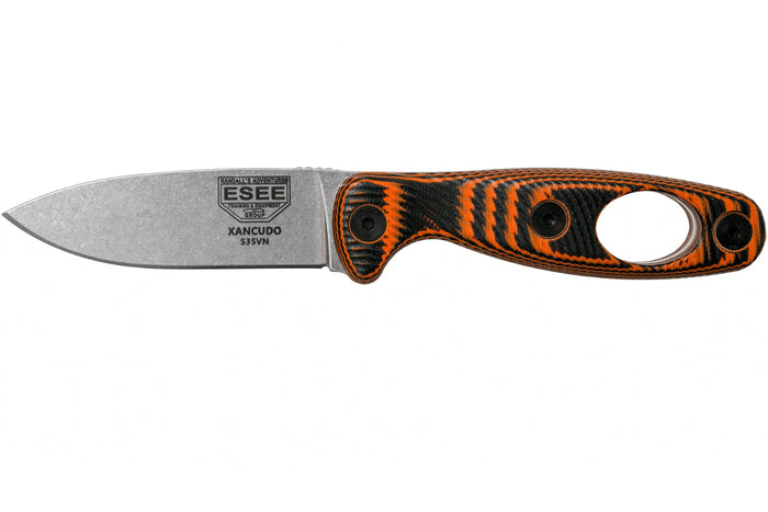 Couteau Esee Xancudo XAN1-006 lame acier inox 7,5cm manche troué G10 orange et noir + étui