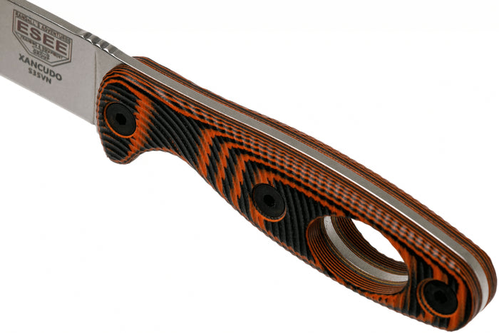 Couteau Esee Xancudo XAN1-006 lame acier inox 7,5cm manche troué G10 orange et noir + étui