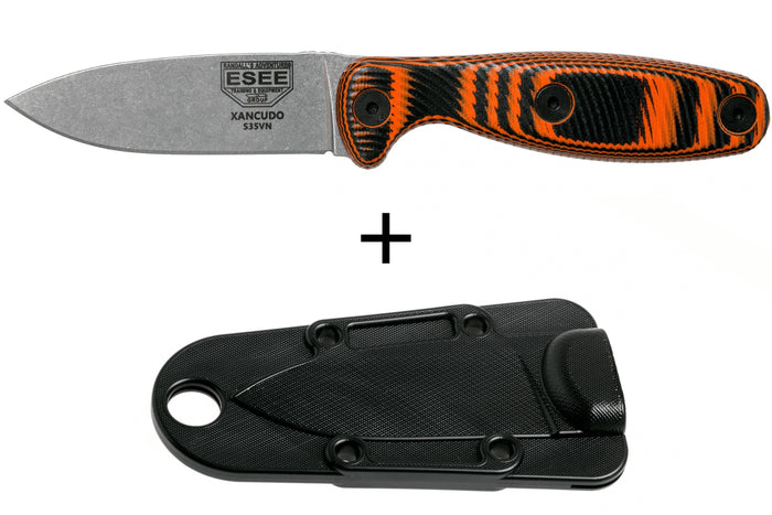 Couteau Esee Xancudo XAN2-006 lame acier inox 7,5cm manche G10 orange et noir + étui