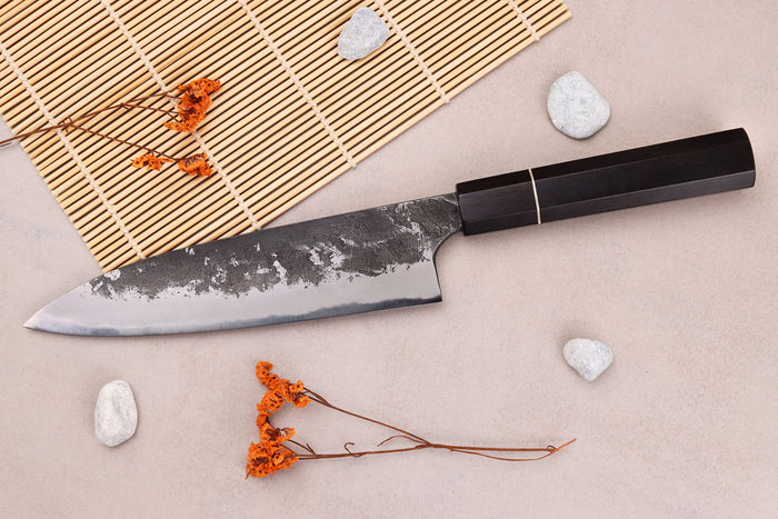 Couteau gyuto 18cm japonais artisanal Naoki Mazaki WS2 Black Nashiji