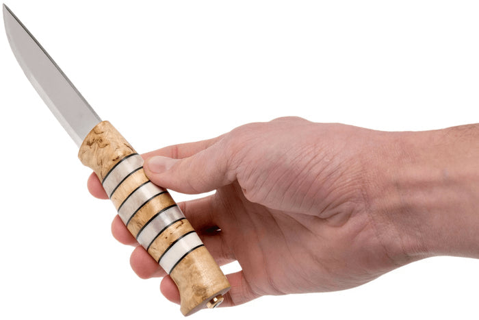 Couteau Helle Arv H014 lame en inox 9cm manche en bouleau et bois de cerf avec cuir + étui en cuir