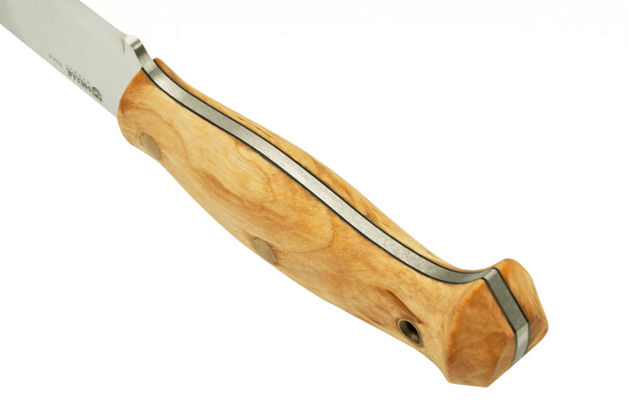 Couteau Helle Nord H670 lame en acier 14,7cm manche en bouleau frisé + étui en cuir