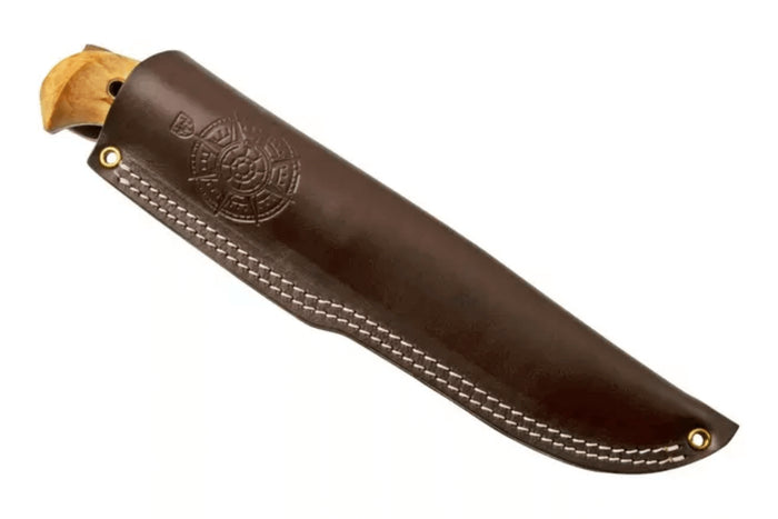Couteau Helle Nord H670 lame en acier 14,7cm manche en bouleau frisé + étui en cuir
