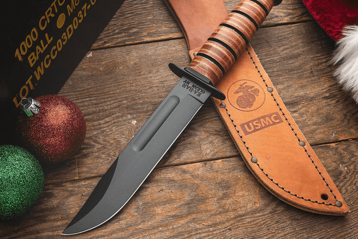 Couteau KA-BAR USMC Fighter 1217 lame carbone 17,8cm manche cuir + étui en cuir