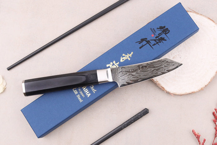 Couteau kengata office 8cm japonais Sakai Takayuki Grand Chef Seigaiha Damas 45 couches