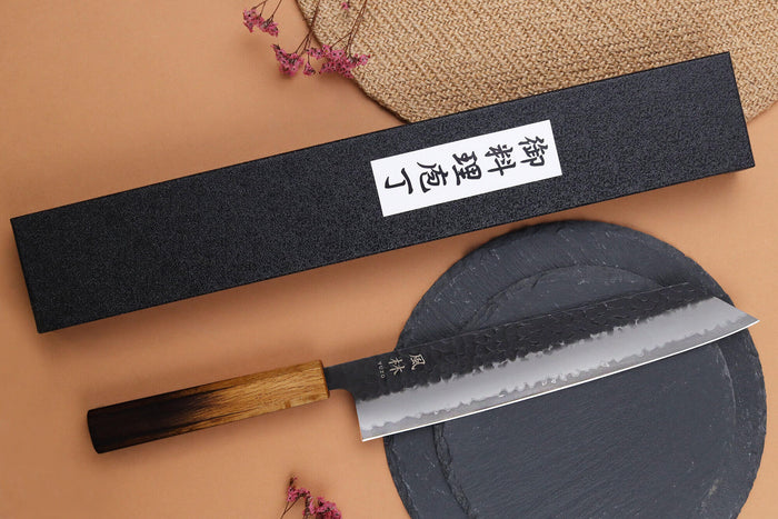 Couteau kiritsuke 24cm japonais artisanal Yuzo Black AS chêne brûlé