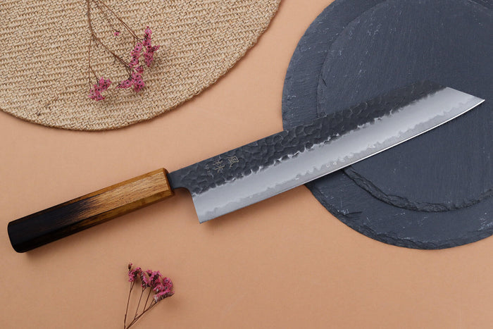 Couteau kiritsuke 24cm japonais artisanal Yuzo Black AS chêne brûlé