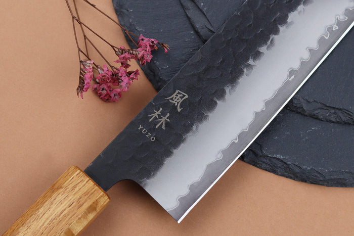 Couteau kiritsuke 24cm japonais artisanal Yuzo Black AS chêne brûlé