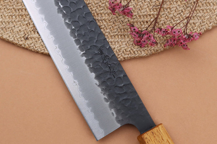 Couteau kiritsuke 24cm japonais artisanal Yuzo Black AS chêne brûlé