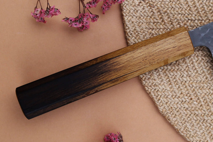 Couteau kiritsuke 24cm japonais artisanal Yuzo Black AS chêne brûlé