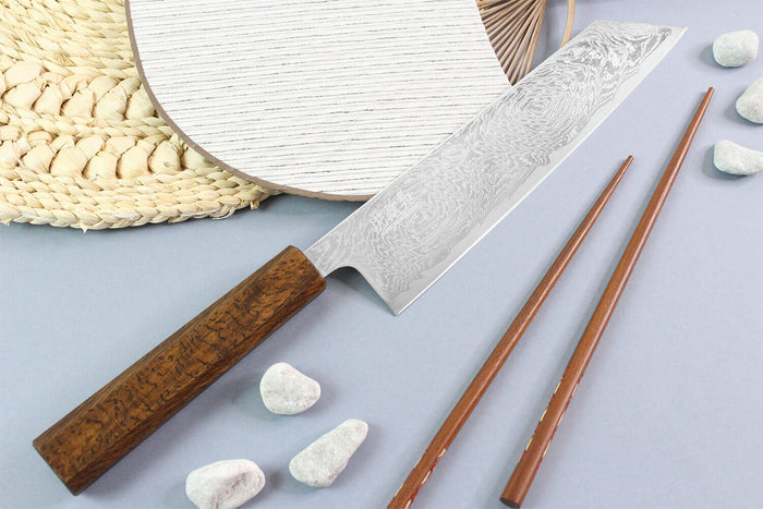 Couteau kiritsuke japonais artisanal Wusaki Unagi AUS10 damas 21cm manche chêne