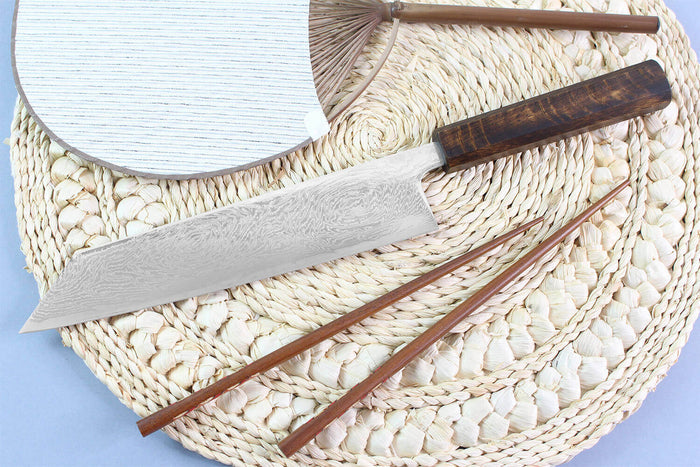 Couteau kiritsuke japonais artisanal Wusaki Unagi AUS10 damas 21cm manche chêne