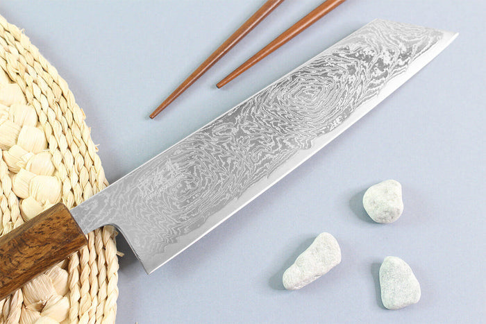 Couteau kiritsuke japonais artisanal Wusaki Unagi AUS10 damas 21cm manche chêne