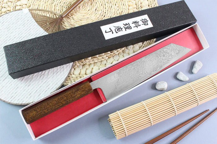 Couteau kiritsuke japonais artisanal Wusaki Unagi AUS10 damas 21cm manche chêne