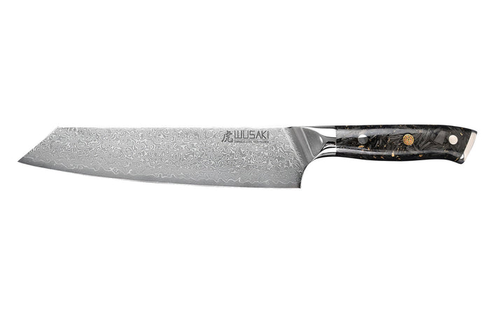 Couteau kiritsuke Wusaki Sakin Damas 10Cr 20cm manche en fibre de carbone et feuille d'or