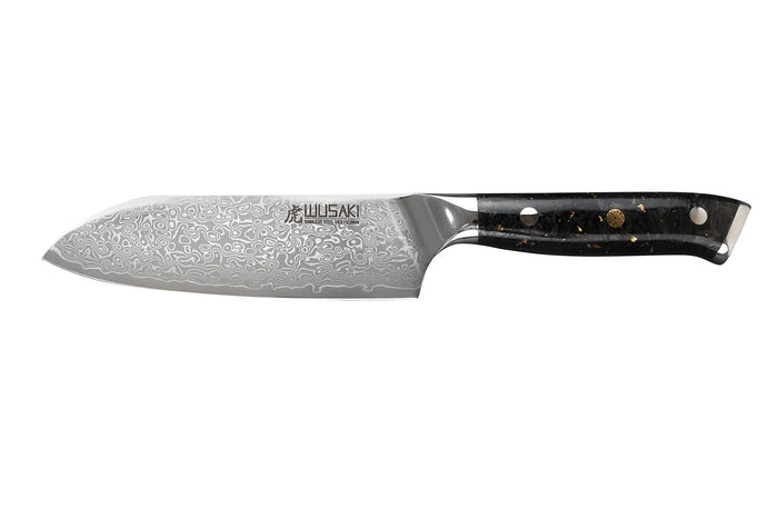 Couteau ko-santoku Wusaki Sakin Damas 10Cr 13cm manche en fibre de carbone et feuille d'or