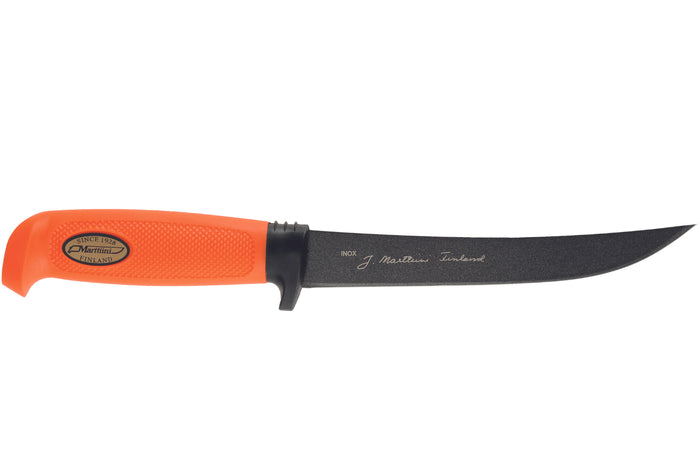 Couteau Marttiini Hunter's Carving Martef 935024 lame 15cm manche caoutchouc orange + étui