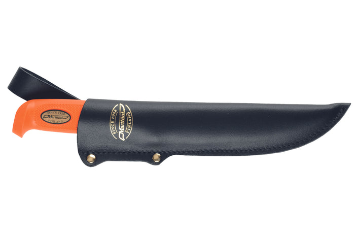 Couteau Marttiini Hunter's Carving Martef 935024 lame 15cm manche caoutchouc orange + étui