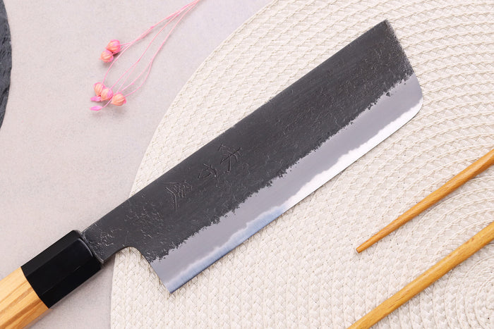 Couteau nakiri 16,5cm japonais artisanal Hinoura Mutsumi Ajikataya Black Nashiji