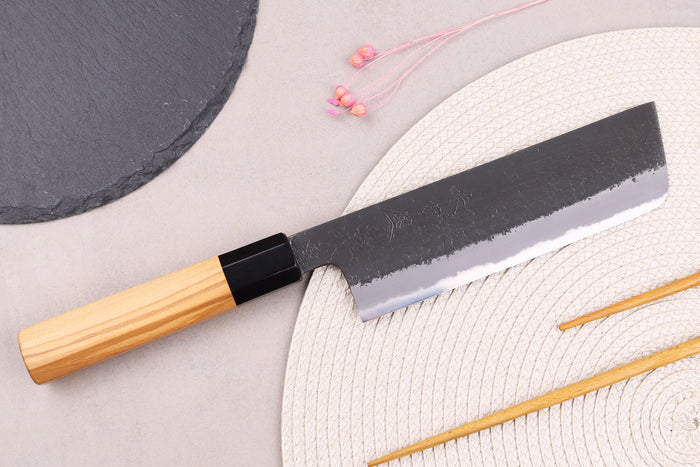Couteau nakiri 16,5cm japonais artisanal Hinoura Mutsumi Ajikataya Black Nashiji