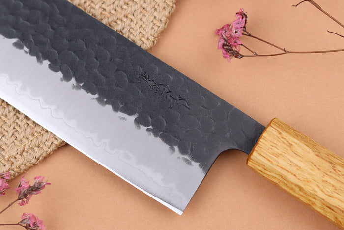 Couteau nakiri 16,5cm japonais artisanal Yuzo Black AS chêne brûlé