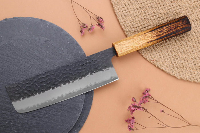 Couteau nakiri 16,5cm japonais artisanal Yuzo Black AS chêne brûlé