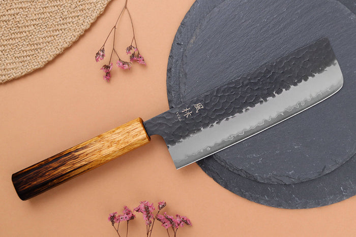 Couteau nakiri 16,5cm japonais artisanal Yuzo Black AS chêne brûlé
