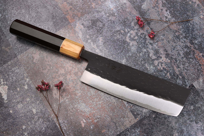 Couteau nakiri 16,5cm japonais artisanal Yuzo Black SLD ébène et olivier