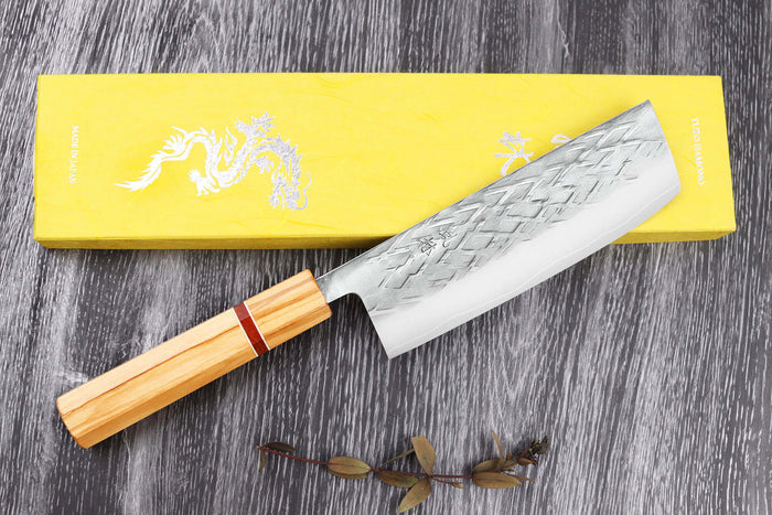 Couteau nakiri 16,5cm japonais artisanal Yuzo SLD olivier et sequoia
