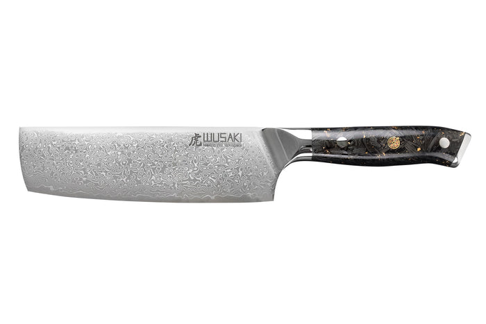 Couteau nakiri Wusaki Sakin Damas 10Cr 17cm manche en fibre de carbone et feuille d'or