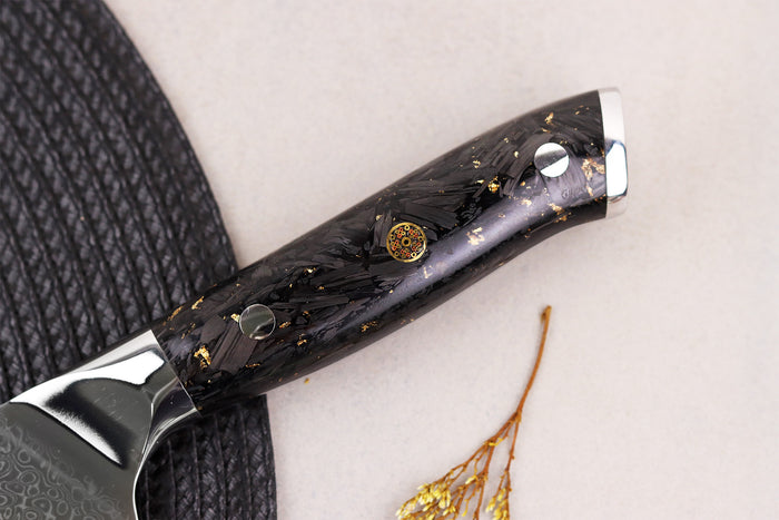 Couteau nakiri Wusaki Sakin Damas 10Cr 17cm manche en fibre de carbone et feuille d'or