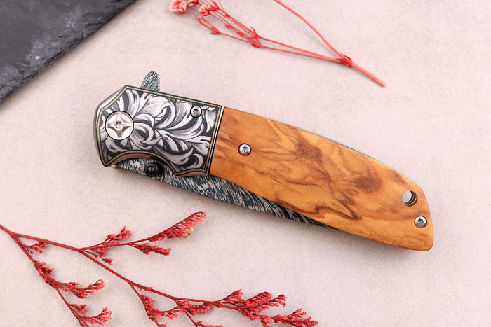 Couteau pliant 9,5cm Kutoyama effet plume manche olivier