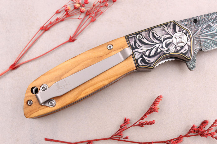 Couteau pliant 9,5cm Kutoyama effet plume manche olivier