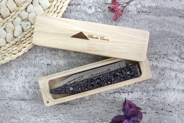 Couteau pliant Charles Canon Lavandiolle manche en lavande de Provence fabriqué en France + coffret en bois