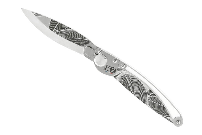 Couteau pliant K2 Elegance K2.19M manche inox décor tropical 11,5cm + étui suédine