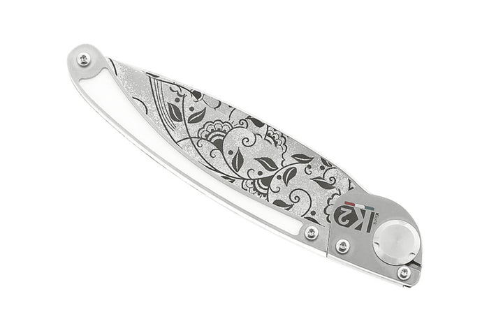 Couteau pliant K2 Elegance K2.20M manche inox décor arabesque 11,5cm + étui suédine