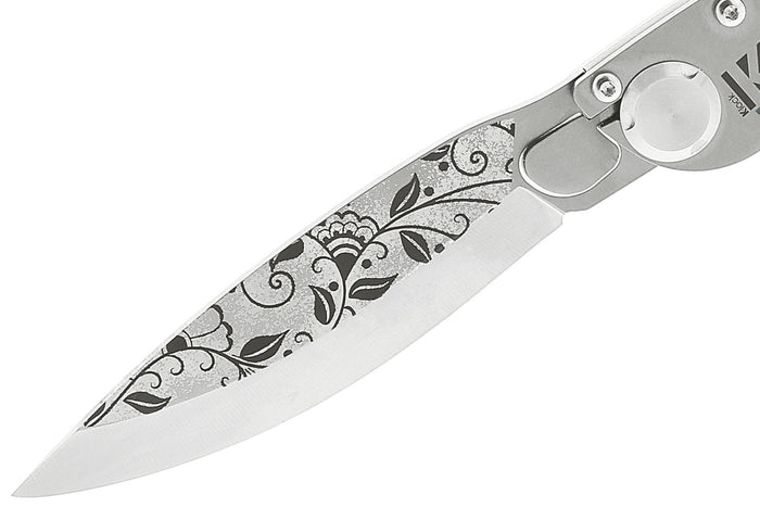 Couteau pliant K2 Elegance K2.20M manche inox décor arabesque 11,5cm + étui suédine