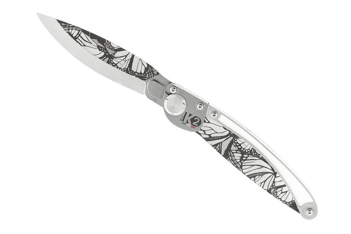 Couteau pliant K2 Elegance K2.21M manche inox décor papillon 11,5cm + étui suédine