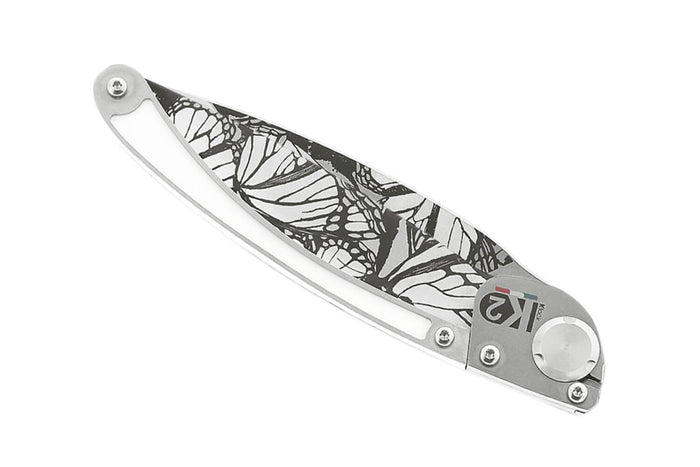 Couteau pliant K2 Elegance K2.21M manche inox décor papillon 11,5cm + étui suédine