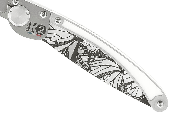 Couteau pliant K2 Elegance K2.21M manche inox décor papillon 11,5cm + étui suédine