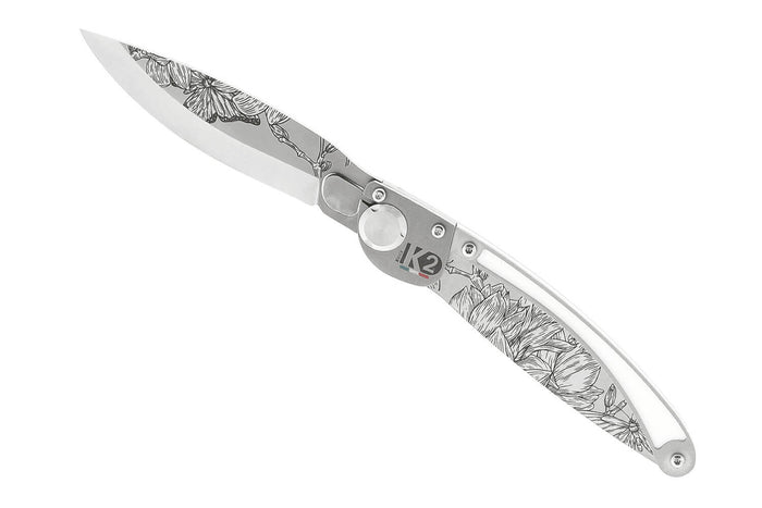 Couteau pliant K2 Elegance K2.22M manche inox décor magnolia 11,5cm + étui suédine