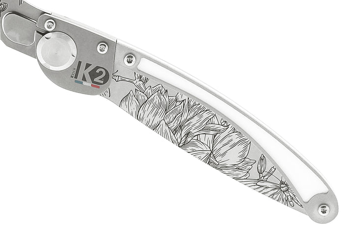 Couteau pliant K2 Elegance K2.22M manche inox décor magnolia 11,5cm + étui suédine