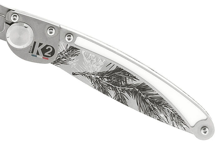 Couteau pliant K2 Elegance K2.23M manche inox décor pins 11,5cm + étui suédine