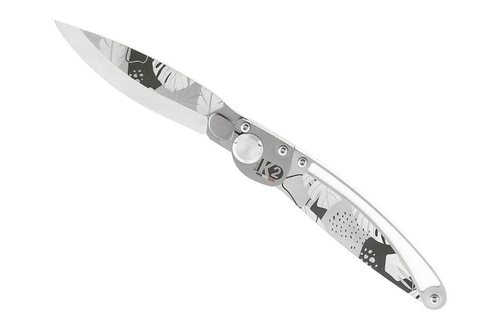 Couteau pliant K2 Elegance K2.24M manche inox décor monstera 11,5cm + étui suédine