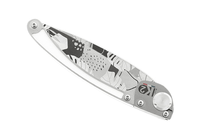 Couteau pliant K2 Elegance K2.24M manche inox décor monstera 11,5cm + étui suédine
