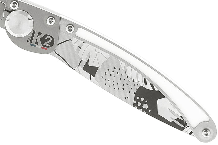Couteau pliant K2 Elegance K2.24M manche inox décor monstera 11,5cm + étui suédine