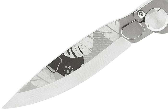 Couteau pliant K2 Elegance K2.24M manche inox décor monstera 11,5cm + étui suédine